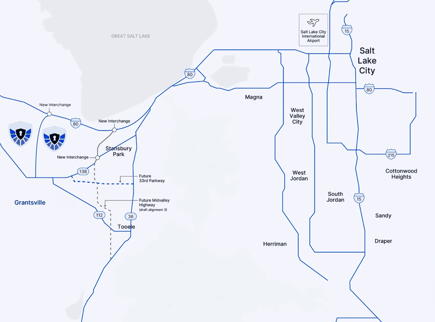 Map of Grantsville, Tooele and the Salt Lake Valley showing I-80, SR-138, SR-36, new interchanges and drive times from New Guard