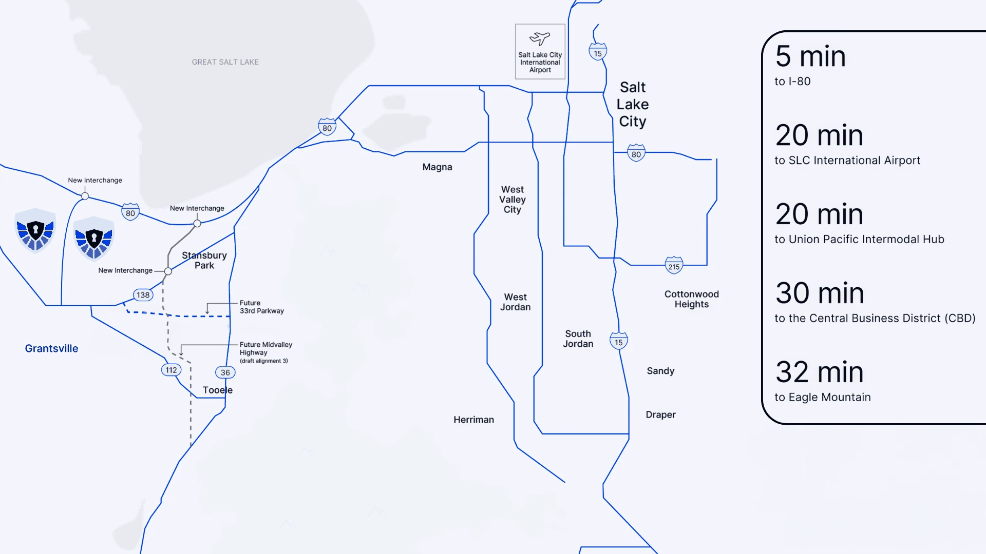 Map of Grantsville, Tooele and the Salt Lake Valley showing I-80, SR-138, SR-36, new interchanges and drive times from New Guard
