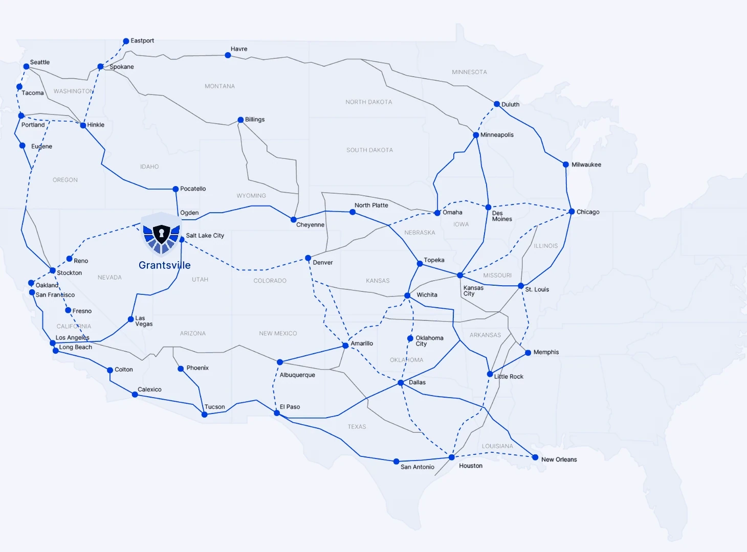 Map of the Union Pacific and BNSF rail networks across the western and central United States with Grantsville marked near Salt Lake City