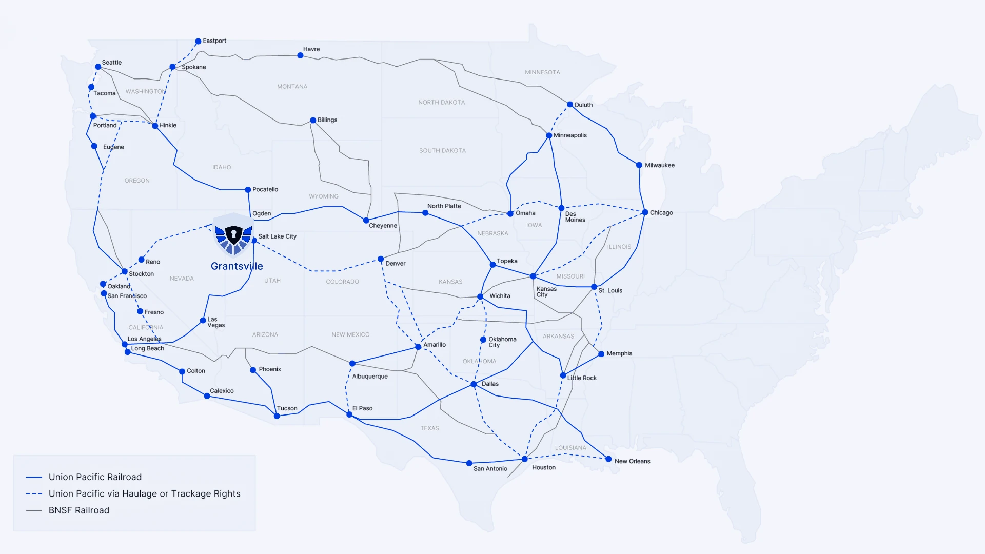 Map of the Union Pacific and BNSF rail networks across the western and central United States with Grantsville marked near Salt Lake City