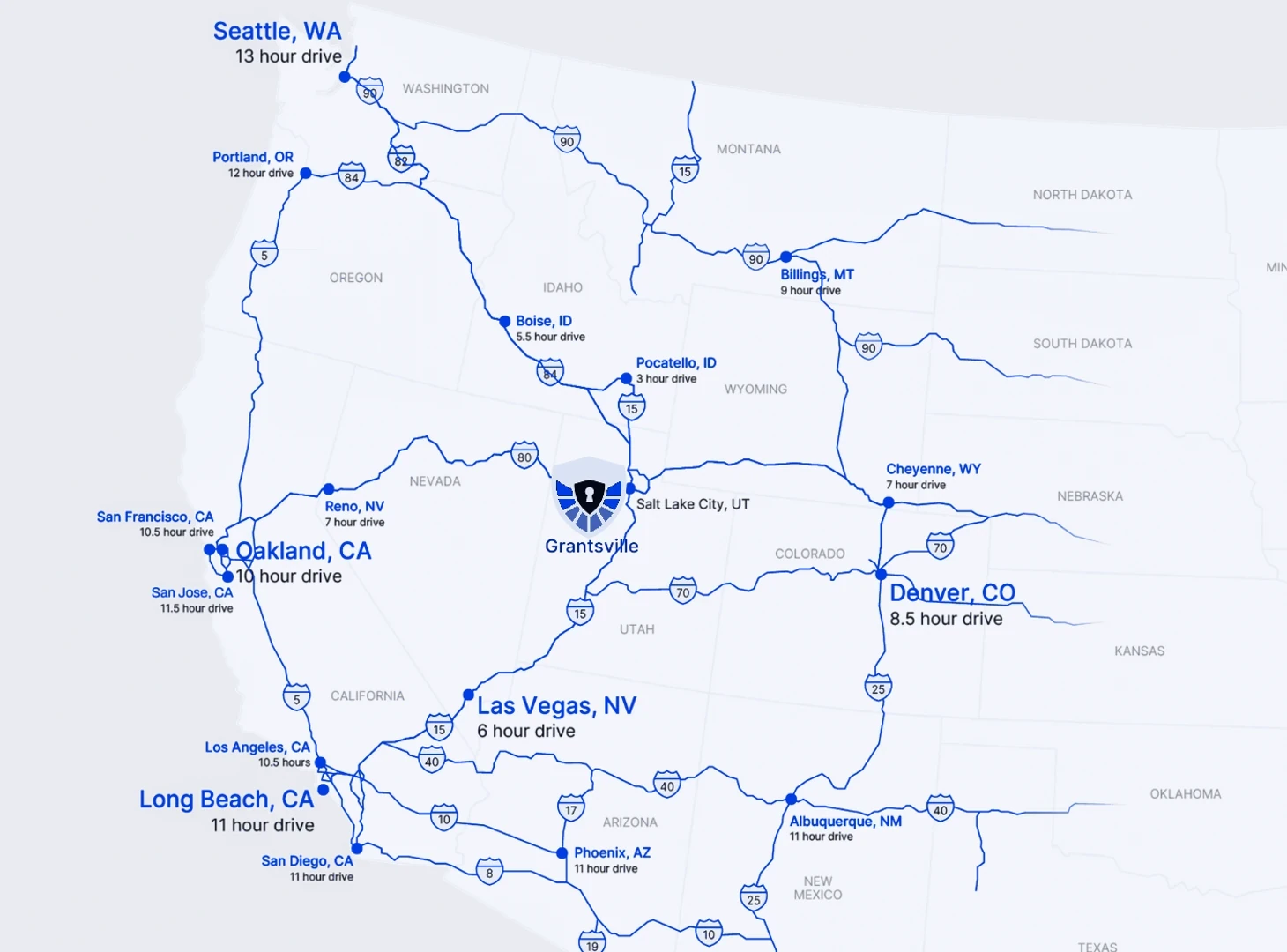 Map of the western United States showing interstate routes and drive times from Grantsville, Utah