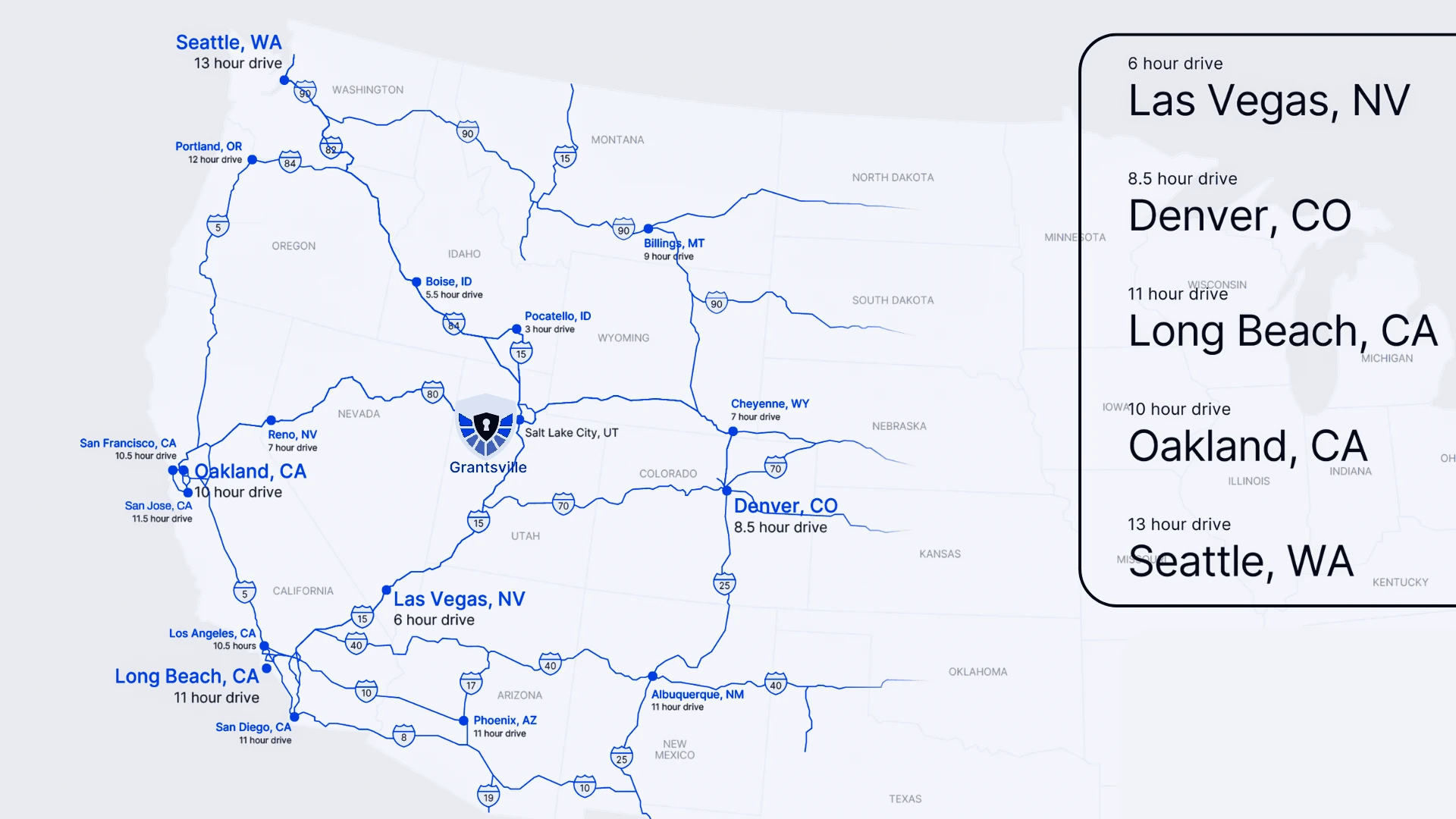 Map of the western United States showing interstate routes and drive times from Grantsville, Utah