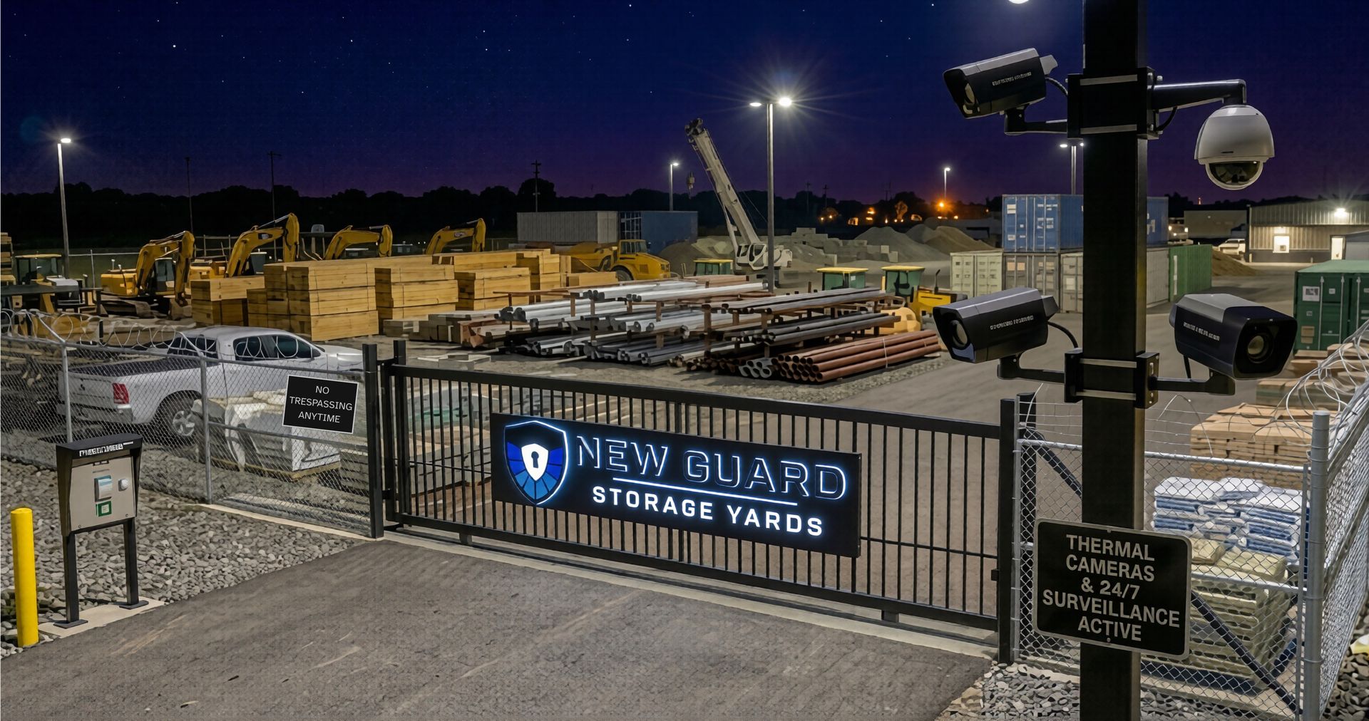 Security cameras and lighting over the yard at night