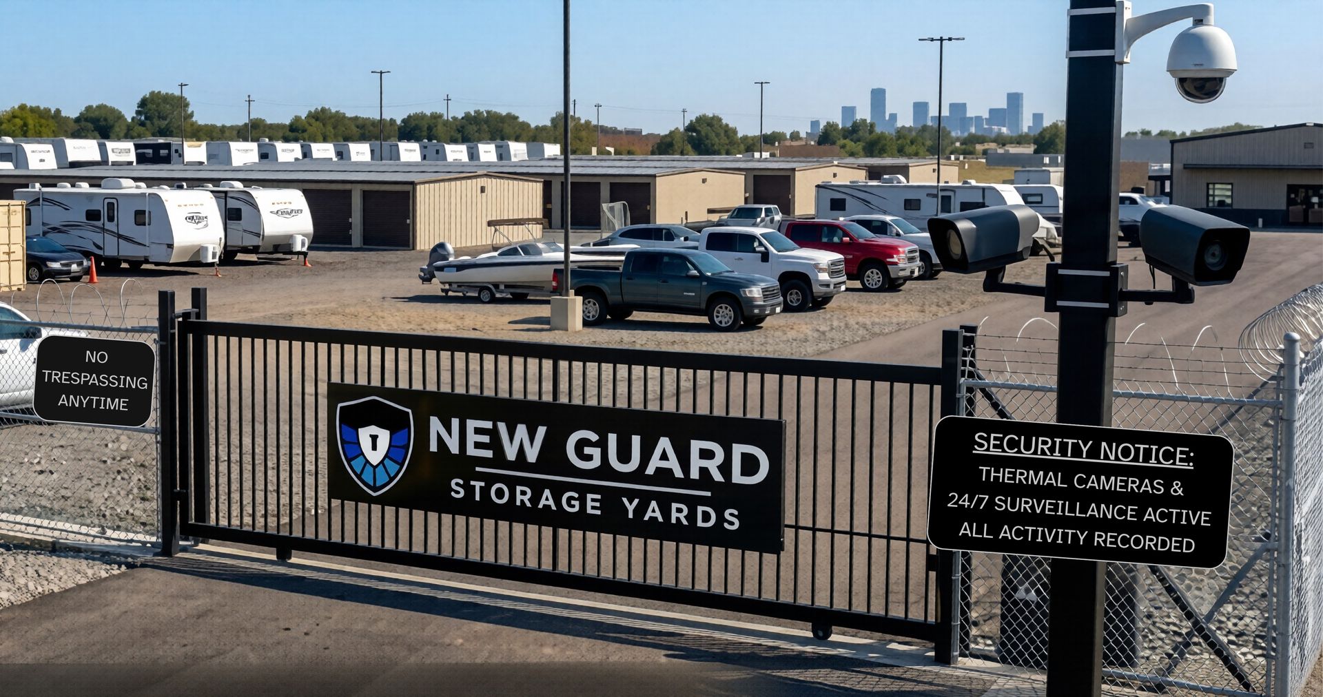 Secured gate with RV and vehicle storage behind it